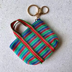 Mini Mesh Shopping Tote Bag Keychain Coin Purse Striped Multi Color Zipper Pouch